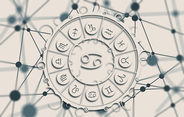 Wall Mural - Astrological symbols in the circle. Molecule And Communication Background. Connected lines with dots. White circle with shadows. Shallow depth of field. Cancer sign