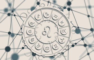 Wall Mural - Astrological symbols in the circle. Molecule And Communication Background. Connected lines with dots. White circle with shadows. Shallow depth of field. lion sign