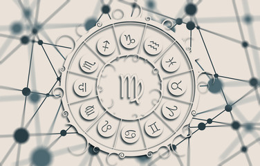 Wall Mural - Astrological symbols in the circle. Molecule And Communication Background. Connected lines with dots. White circle with shadows. Shallow depth of field. Maiden sign