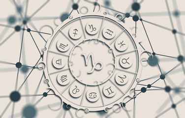 Wall Mural - Astrological symbols in the circle. Molecule And Communication Background. Connected lines with dots. White circle with shadows. Shallow depth of field. Capricorn sign