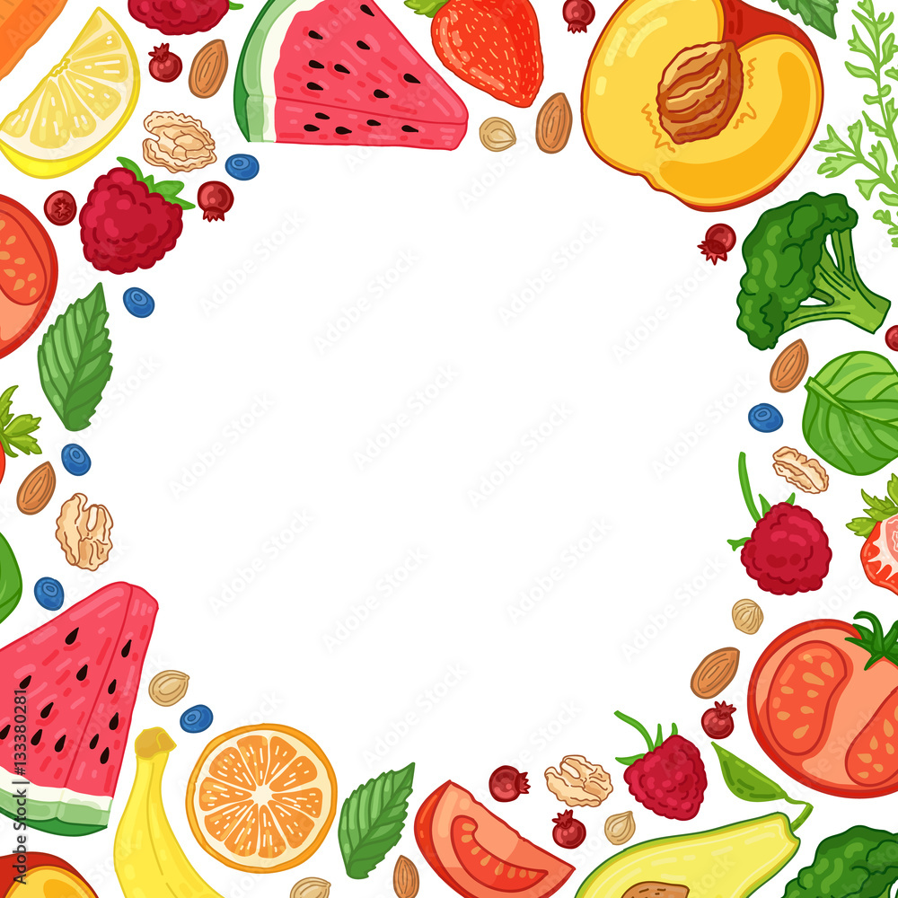 Template design booklet with the decor of the fruit. Circle pattern of  natural foods, fruits, vegetables and berries. Frame with decor vegetarian  food for poster, banner. Vector. Stock Vector | Adobe Stock, image size:1000x1000