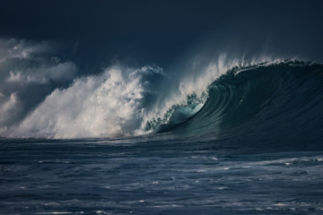 Wall Mural - huge waves crashing in ocean. seascape environment background. water texture with foam and splashes.