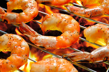 Wall Mural - Grilled shrimps,prawns on the flaming grill