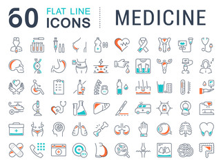 Poster - Set Vector Flat Line Icons Medicine