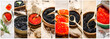 Food collage of red and black caviar.
