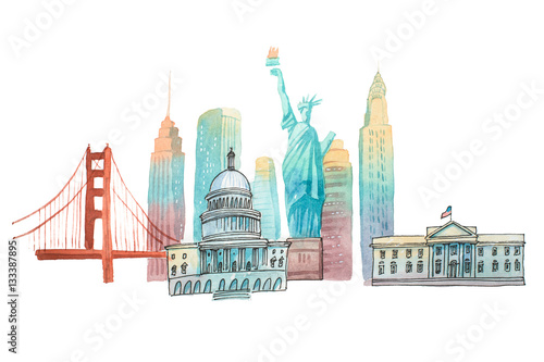 Famous American landmarks travel and tourism waercolor illustration Obraz na płótnie
