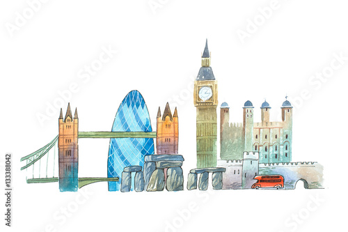 Fotografia City of London Skyline famous landmarks travel and tourism waercolor illustration
