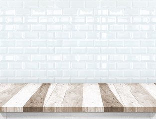 Wall Mural - empty wood plank table top with glossy ceramic white tile wall,m