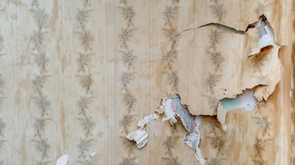 fragment of old destroyed wall with jagged torn vintage wallpape
