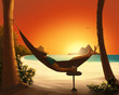 Leinwandbild Motiv Digital painting of a man relaxing in a hammock on a tropical beach
