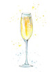 Glass of a champagne.Picture of a alcoholic drink.Watercolor hand drawn illustration.