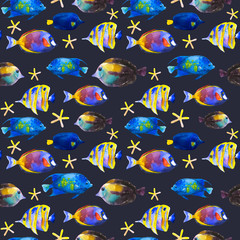 Seamless pattern with tropical fish. Watercolor illustration with hand drawn aquarium exotic fish on black background.