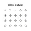 Signs outline icon set - different arrows, question and exclamation mark, checkmark, delete cross, plus, minus, information, menu and others simple vector symbols. Buttons and website signs.