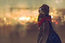 Outdoor Portrait Of Young Woman With Gas Mask In Winter With Bokeh Light On Background,illustration Painting