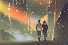 Couple In Love Walking On Street Of City,illustration Painting