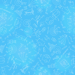 Wall Mural - Seamless pattern with formulas,graphs, and equipment as the subject of physics,light marker on blue background