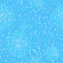 Wall Mural - Seamless pattern with formulas,graphs, and equipment as the subject of chemistry with light markers on blue  background