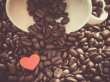 Coffee Beans With Red Heart And White Cup.
