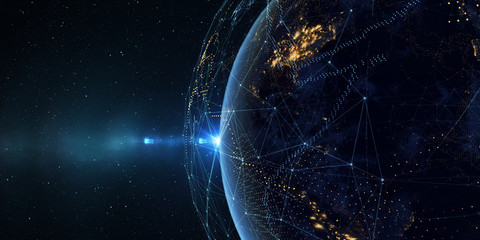 Fototapete - Technology background Earth from space at night with a digital communication system Some elements of the image provided by NASA.