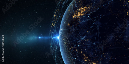 Plakat Ziemia z kosmosu w nocy z cyfrowym systemem komunikacji / Ziemia z kosmosu w nocy z cyfrowym systemem komunikacji. Niektóre elementy obrazu dostarczone przez NASA. 3D ilustracji