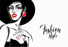 Black And White Fashion Woman, Ledy Wamp Model With Boutique Logo Background. Hand Drawn Vector