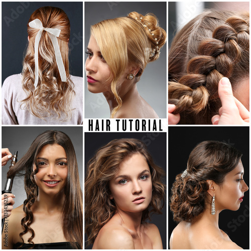 Plakat Kolaż fryzury kobiet. Tekst HAIR TUTORIAL na tle
