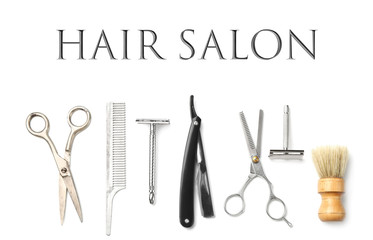 Wall Mural - Text HAIR SALON and barber equipment on white background