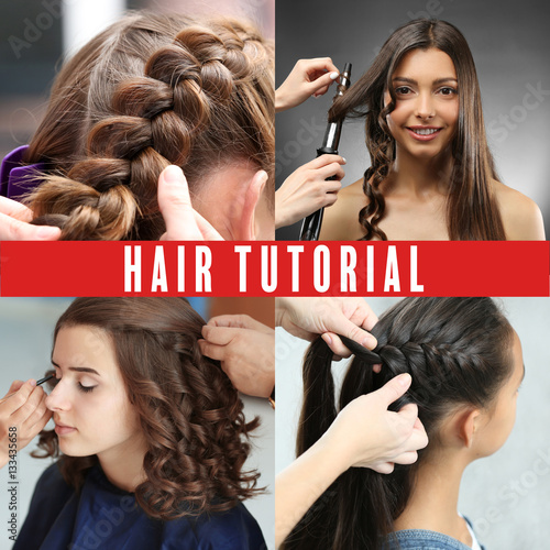 Naklejka na kafelki Collage of women hairstyles. Text HAIR TUTORIAL on background