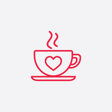 Cup Of Coffee Tea Hot With Heart And Steam Line Icon Red On White