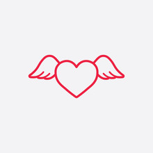 Heart Wings Fly Romantic Line Icon Red On White Background