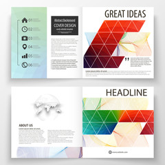 Business templates for square bi fold brochure, magazine, flyer, booklet. Leaflet cover, flat layout, easy editable vector. Colorful design background with abstract shapes and waves, overlap effect.