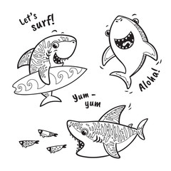 Sticker - Outline set with shark in cartoon style