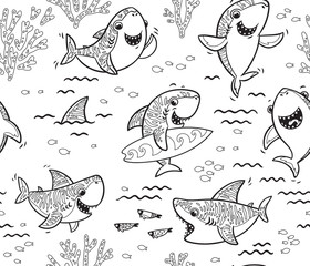 Sticker - Underwater world with funny sharks. Vector outline background