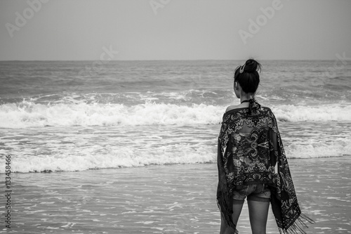 Lonely asian woman on beach, sad lady watching ocean, meditation alone ...