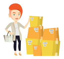 Sticker - Business woman checking boxes in warehouse.