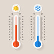 Celsius and fahrenheit meteorology thermometers measuring heat or cold, vector illustration
