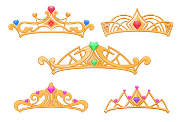 Sticker - Vector princess crowns, tiaras with gems cartoon set