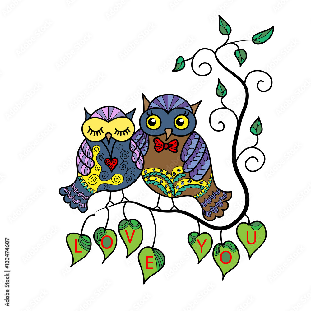 Two cute owls on a tree branch. Hand-drawn owl in doodle art style ...