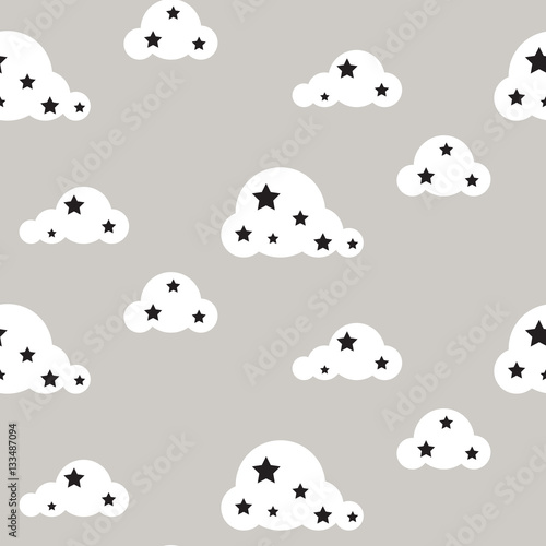 Cotton fabric Starlight night seamless kid vector pattern. Gray background. Minimalist baby style textile fabric cartoon scandinavian ornament.