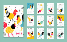 Template Calendar 2017 With A Rooster In Memphis Style.