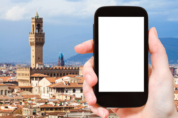 Poster - man photographs Florence town with Palazzo Vecchio