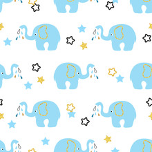 Cute Blue Elephants Seamless Pattern. Vector Kids Background.