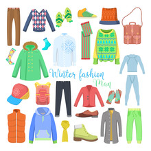 Man Winter Clothes And Accessories Collection With Shoes, Coats And Sweaters. Vector Illustration
