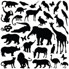 Zoo animals collection - vector silhouette