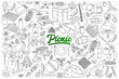 Hand drawn set of picnic doodles with green lettering in vector