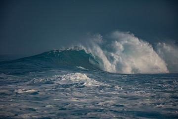 Wall Mural - huge waves crashing in ocean. seascape environment background. water texture with foam and splashes.
