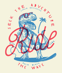 Wall Mural - ride the wave - dinosaur surfer drawing vintage print.