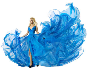Fashion Model Dancing in Blue Dress Flying Fabric, Woman in Waving Gown, Flowing Cloth Isolated over White