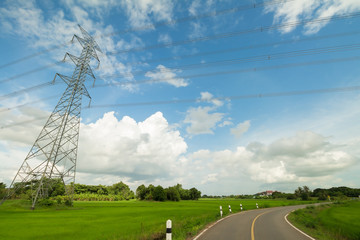 high-voltage tower in a rice field