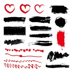 Set of black paint, ink brush strokes, brushes, lines. Dirty artistic design elements, boxes, frames for text.